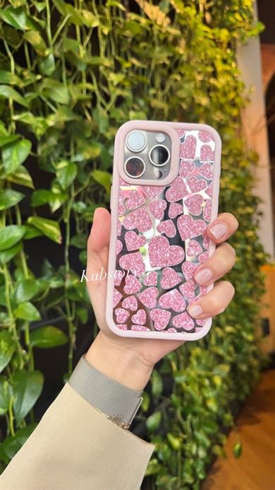 Aynalı Kalp Desenli İphone Telefon Kılıfı Pembe