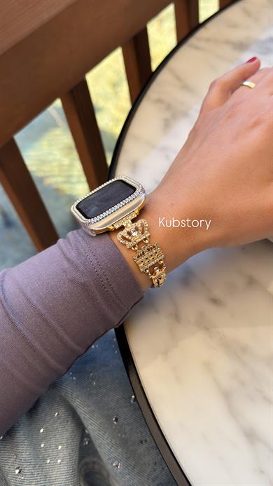 Crown Taç Desenli Çelik Kordon Gold