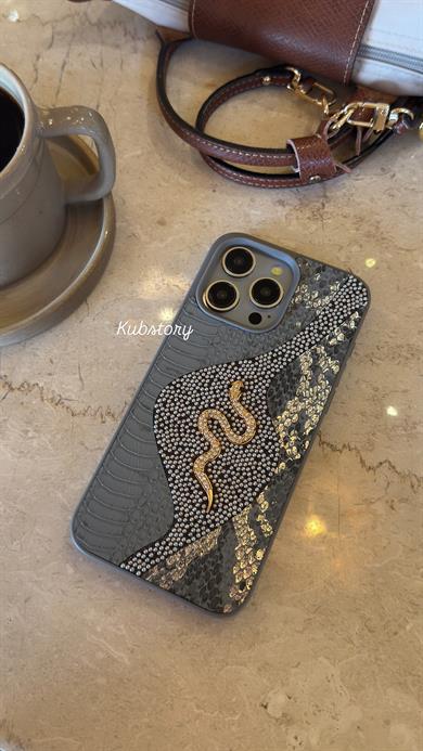 Deri Snake Model İphone Telefon Kılıfı Gri