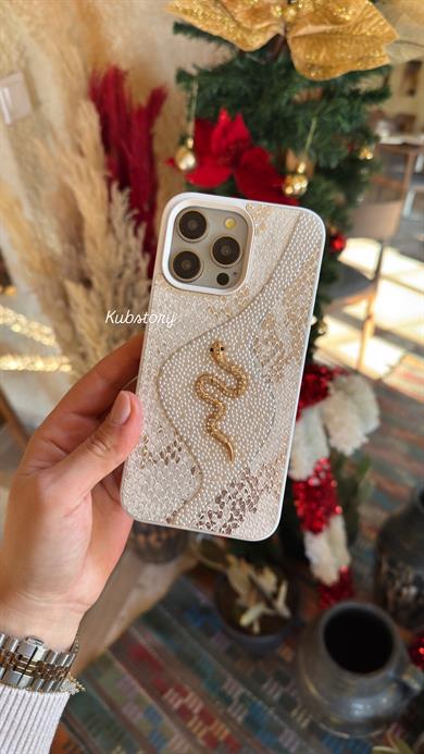 Deri Snake Model İphone Telefon Kılıfı Beyaz