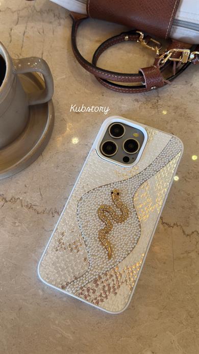 Deri Snake Model İphone Telefon Kılıfı Beyaz