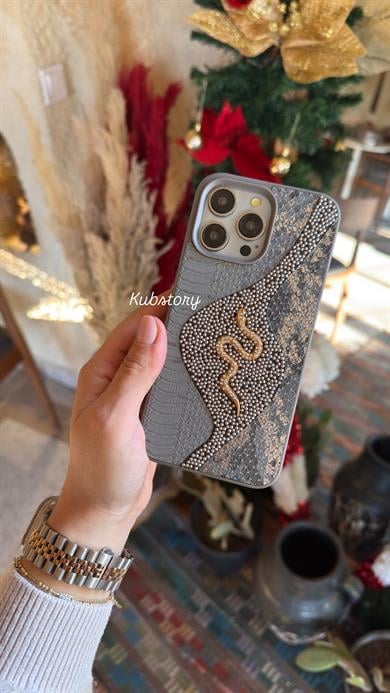Deri Snake Model İphone Telefon Kılıfı Gri