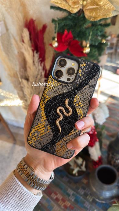 Deri Snake Model İphone Telefon Kılıfı Siyah