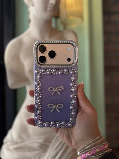 İnci Fiyonk Taşlı İphone Telefon Kılıfı Mor