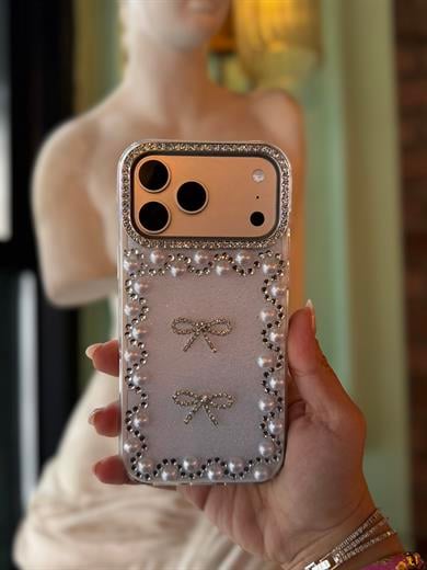 İnci Fiyonk Taşlı İphone Telefon Kılıfı Beyaz