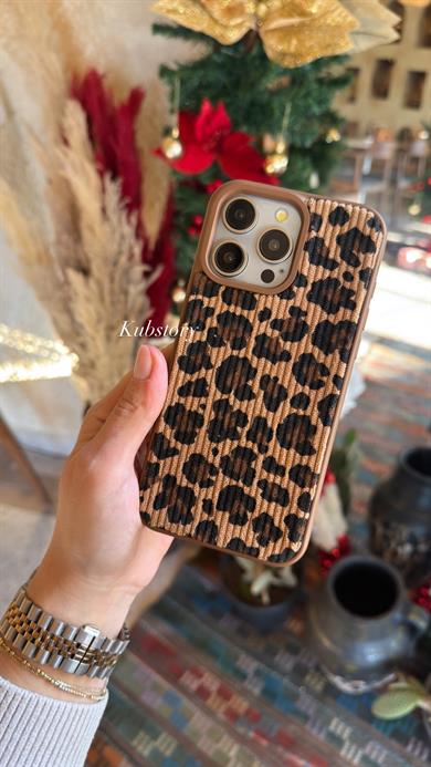 Kabartmalı Leopar İphone Telefon Kılıfı Kahverengi
