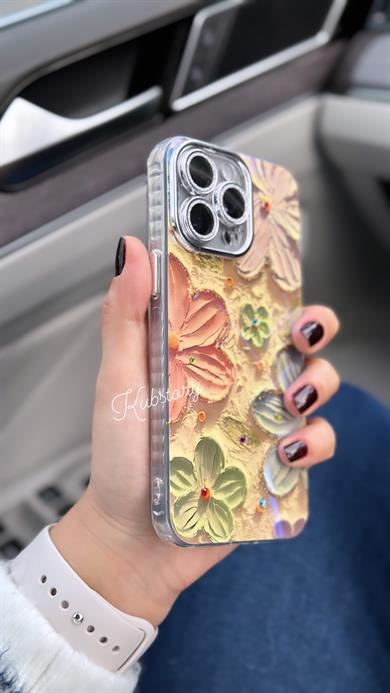 Lens Korumalı Çiçekli İphone Telefon Kılıfı Turuncu