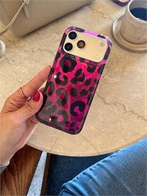 Leopar Desen Hologram İPhone Telefon Kılıfı Fuşya