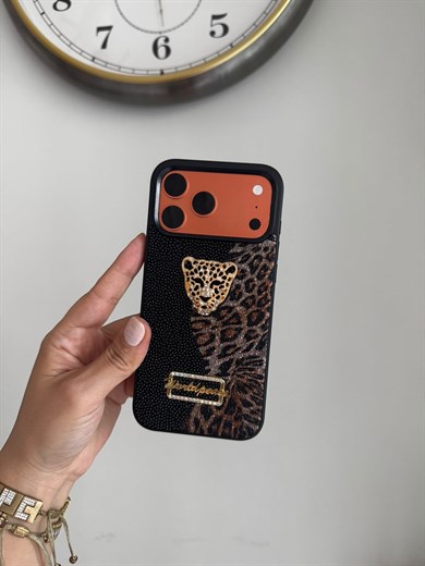 Leopar Desenli Taşlı Kaplan iPhone Telefon Kılıfı Siyah