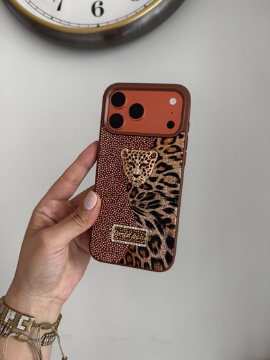 Leopar Desenli Taşlı Kaplan iPhone Telefon Kılıfı Kahverengi