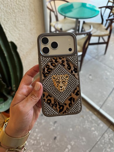 Leopar İncili Kaplan İphone Telefon Kılıfı Gri