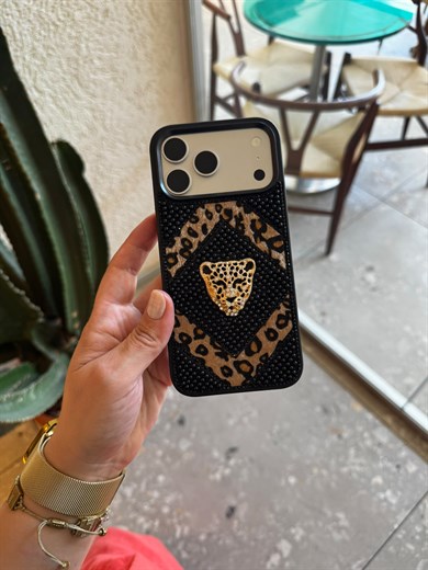 Leopar İncili Kaplan İphone Telefon Kılıfı Siyah