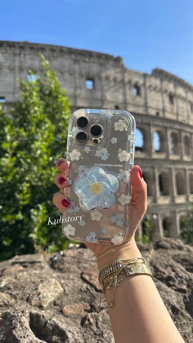 Mavi Çiçek Pop Socketli İphone Telefon Kılıfı