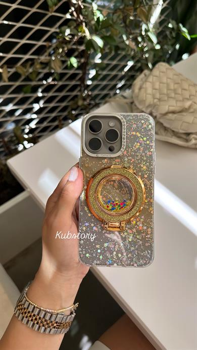 Simli Standlı İphone Telefon Kılıfı Gold
