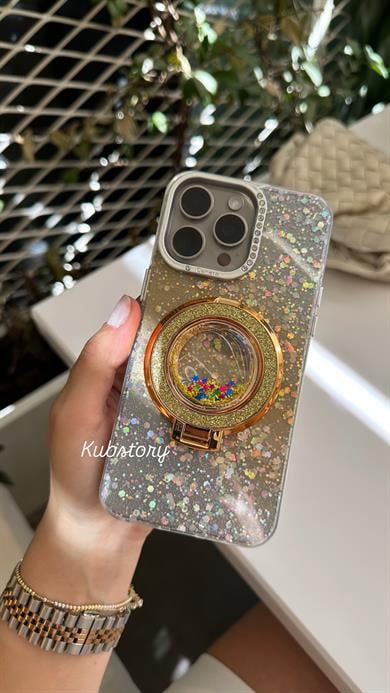 Simli Standlı İphone Telefon Kılıfı Gold
