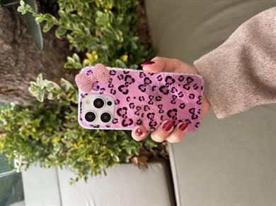 Taşlı Fiyonk Leopar İphone Telefon Kılıfı  Pembe
