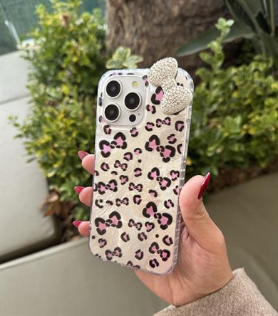 Taşlı Fiyonk Leopar İphone Telefon Kılıfı  Gümüş