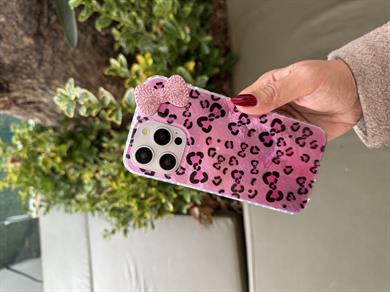 Taşlı Fiyonk Leopar İphone Telefon Kılıfı  Pembe