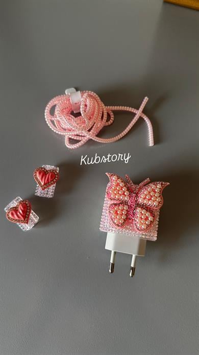 Taşlı Kelebek Şarj Koruyucu Pembe
