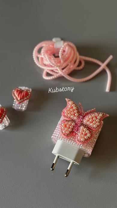 Taşlı Kelebek Şarj Koruyucu Pembe