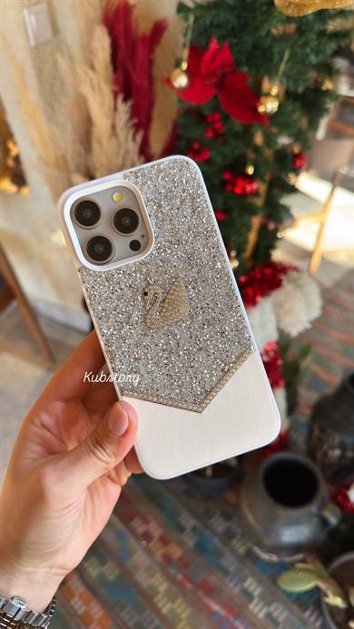 Taşlı Kuğu Model İphone Telefon Kılıfı Beyaz