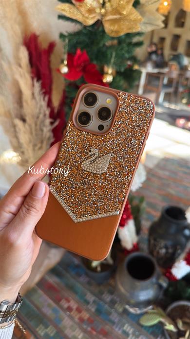 Taşlı Kuğu Model İphone Telefon Kılıfı Kahverengi