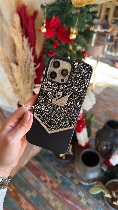 Taşlı Kuğu Model İphone Telefon Kılıfı Siyah