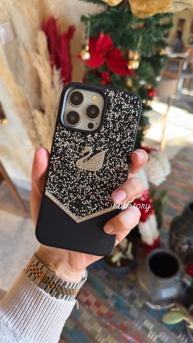 Taşlı Kuğu Model İphone Telefon Kılıfı Siyah