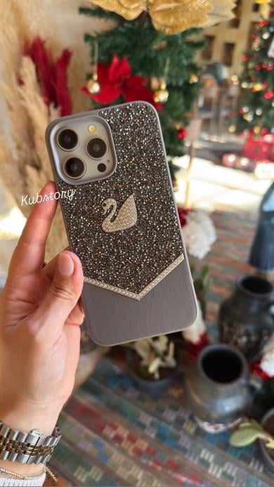 Taşlı Kuğu Model İphone Telefon Kılıfı Gri