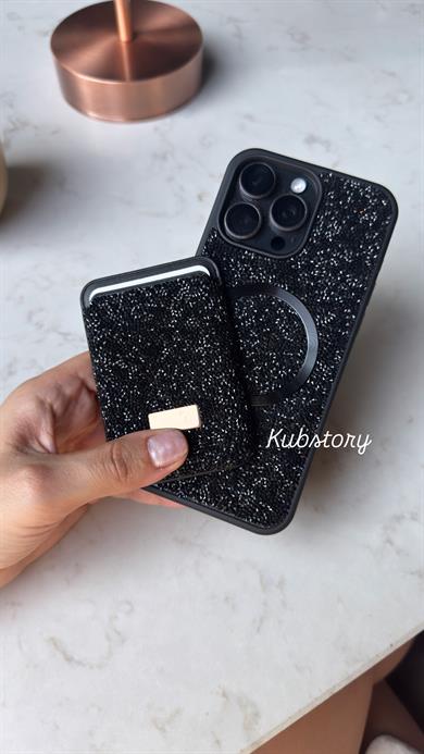 Taşlı Magsafe Detaylı Kartlıklı İphon Telefon Kılıfı Siyah