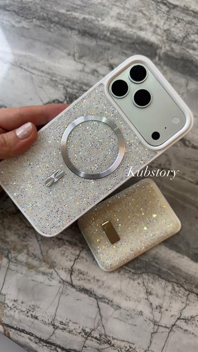 Taşlı Magsafe Detaylı Kartlıklı İphon Telefon Kılıfı Beyaz
