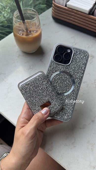 Taşlı Magsafe Detaylı Kartlıklı İphon Telefon Kılıfı Gümüş