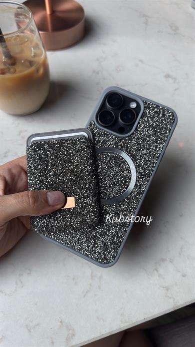 Taşlı Magsafe Detaylı Kartlıklı İphon Telefon Kılıfı Gri