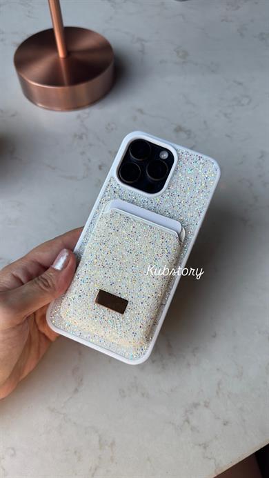 Taşlı Magsafe Detaylı Kartlıklı İphon Telefon Kılıfı Beyaz