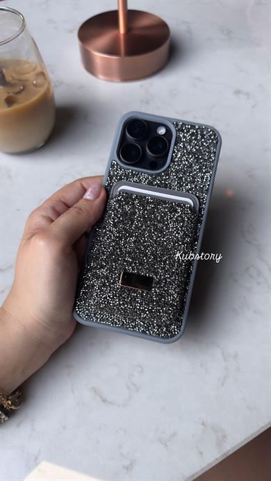 Taşlı Magsafe Detaylı Kartlıklı İphon Telefon Kılıfı Gri