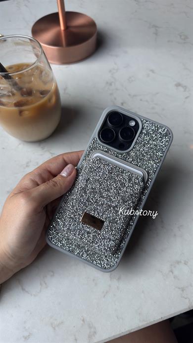 Taşlı Magsafe Detaylı Kartlıklı İphon Telefon Kılıfı Gümüş