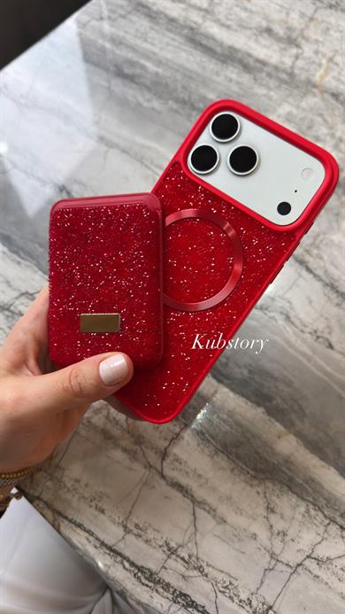 Taşlı Magsafe Detaylı Kartlıklı İphone Telefon Kılıfı Kırmızı