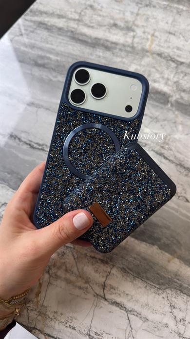 Taşlı Magsafe Detaylı Kartlıklı İphone Telefon Kılıfı Lacivert