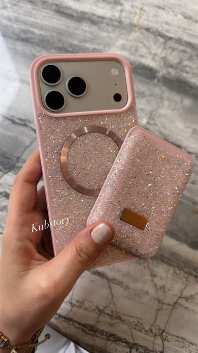 Taşlı Magsafe Detaylı Kartlıklı İphone Telefon Kılıfı Kum Pembe