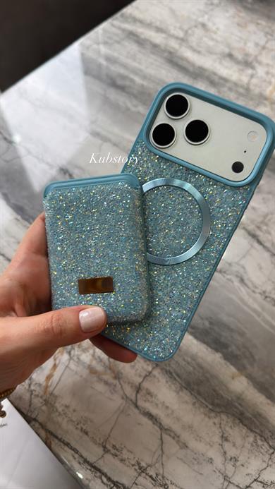 Taşlı Magsafe Detaylı Kartlıklı İphone Telefon Kılıfı Mavi