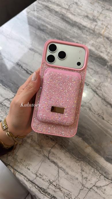Taşlı Magsafe Detaylı Kartlıklı İphone Telefon Kılıfı Pembe
