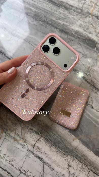 Taşlı Magsafe Detaylı Kartlıklı İphone Telefon Kılıfı Kum Pembe