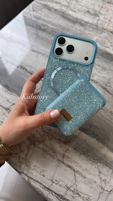 Taşlı Magsafe Detaylı Kartlıklı İphone Telefon Kılıfı Mavi