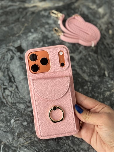 Yüzük Detaylı Kartlıklı Deri İphone Telefon Kılıfı Pembe