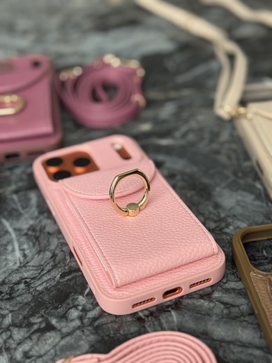 Yüzük Detaylı Kartlıklı Deri İphone Telefon Kılıfı Pembe