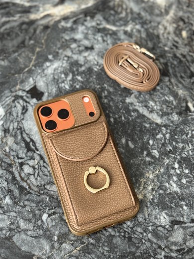 Yüzük Detaylı Kartlıklı Deri İphone Telefon Kılıfı Kahverengi