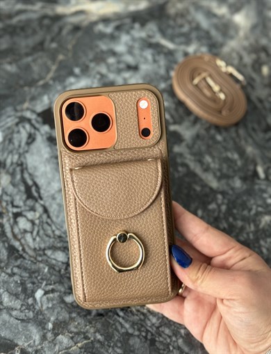 Yüzük Detaylı Kartlıklı Deri İphone Telefon Kılıfı Kahverengi