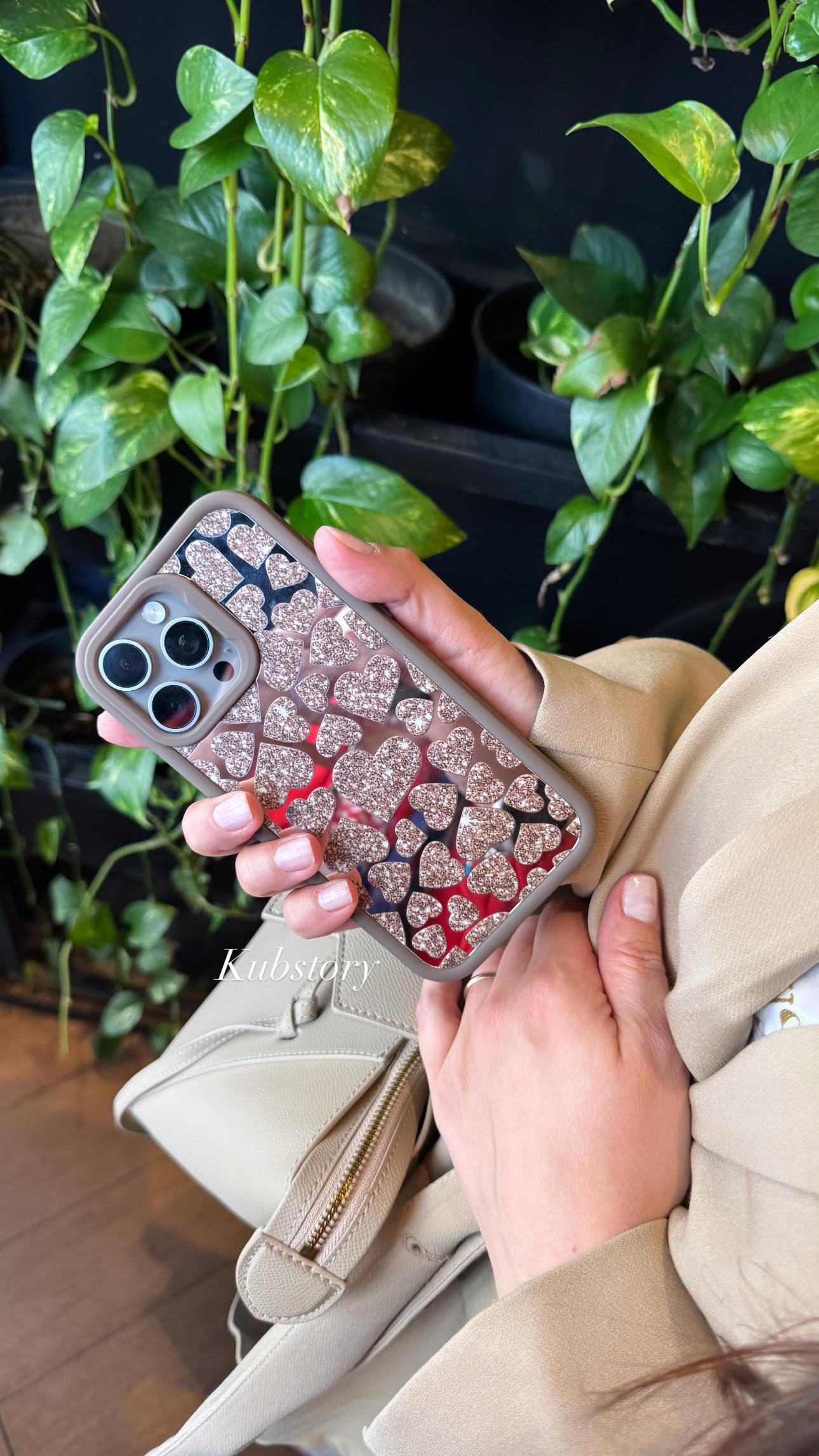 Aynalı Kalp Desenli İphone Telefon Kılıfı Nude