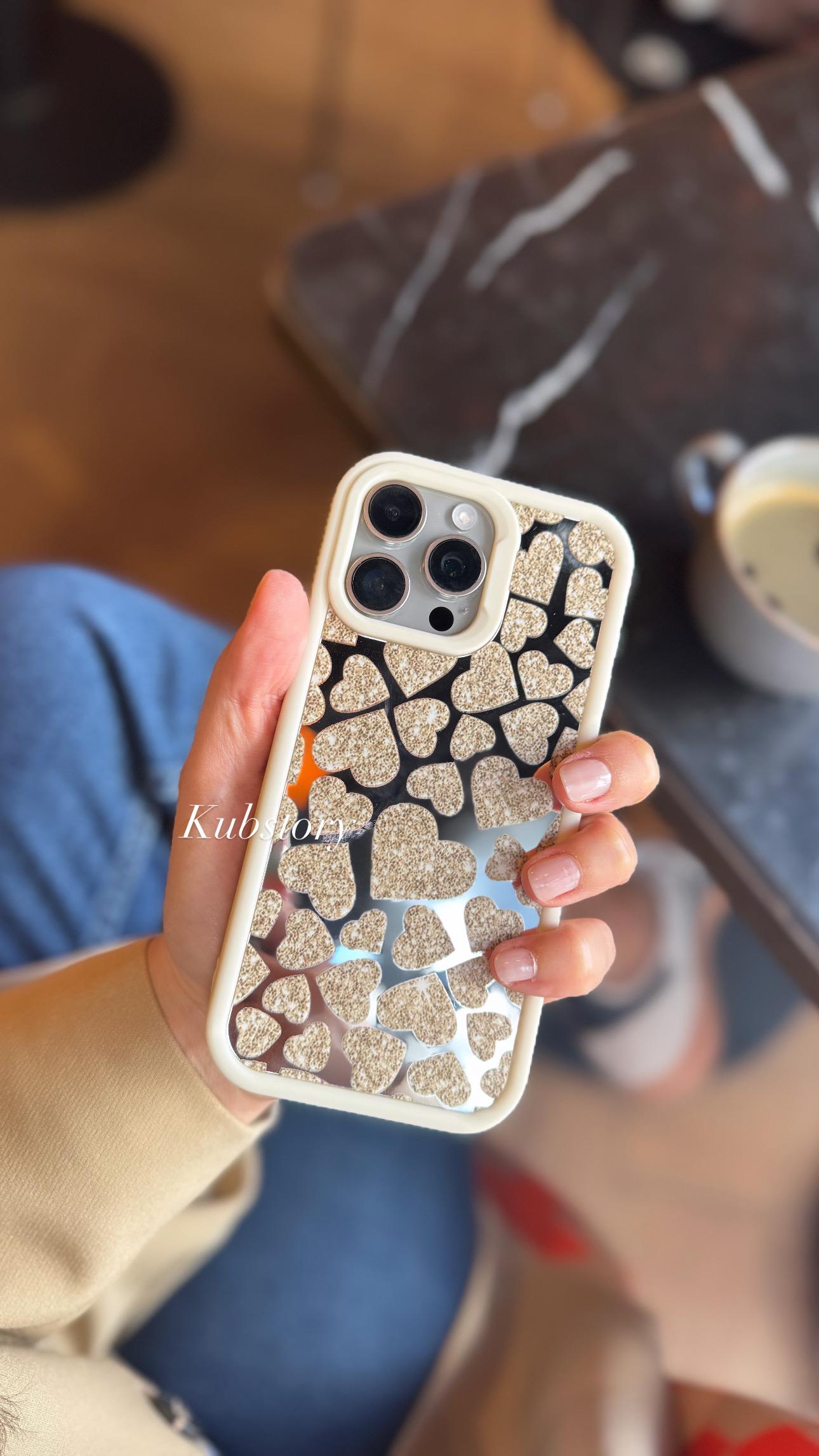 Aynalı Kalp Desenli İphone Telefon Kılıfı Krem