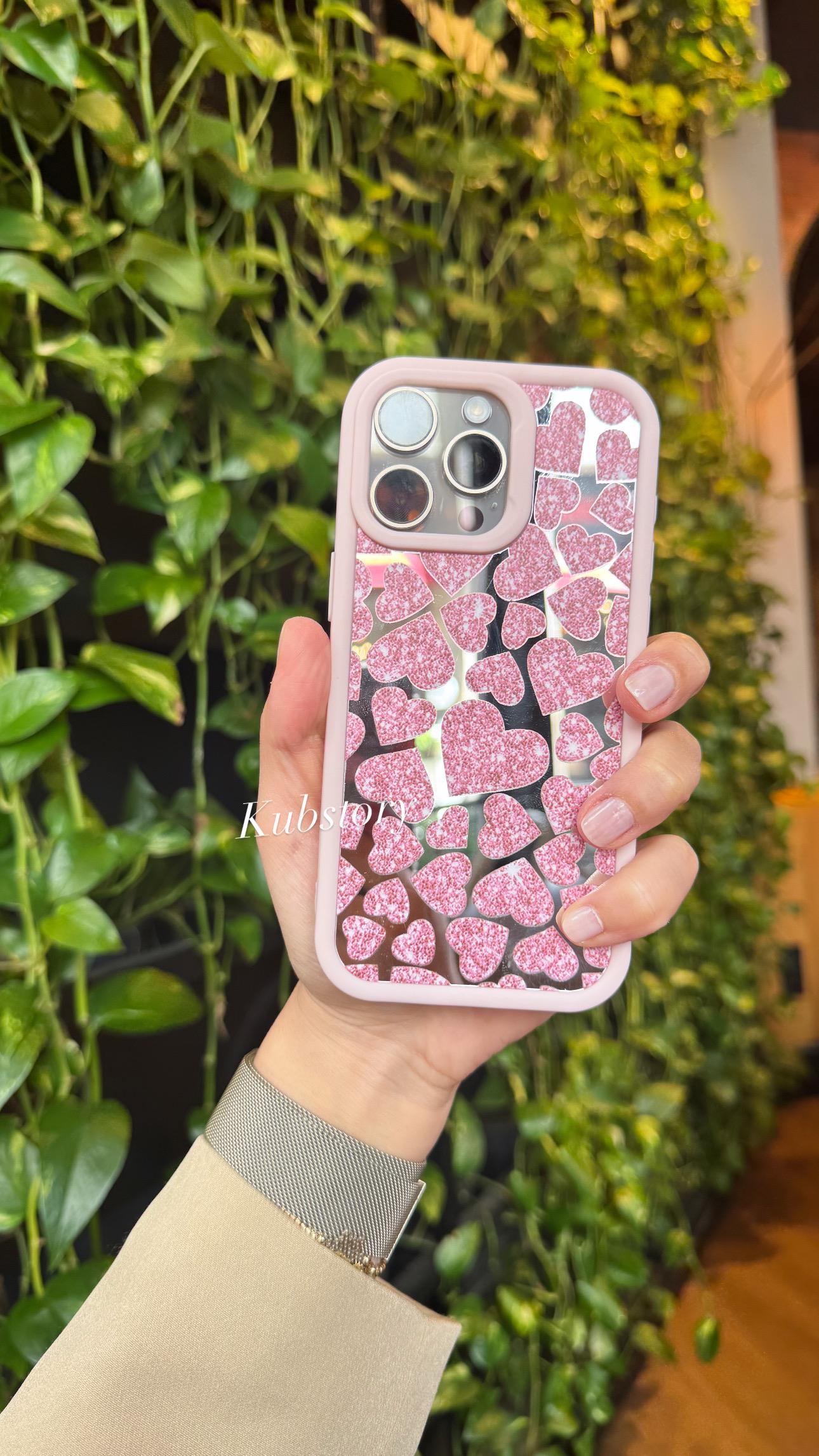 Aynalı Kalp Desenli İphone Telefon Kılıfı Pembe